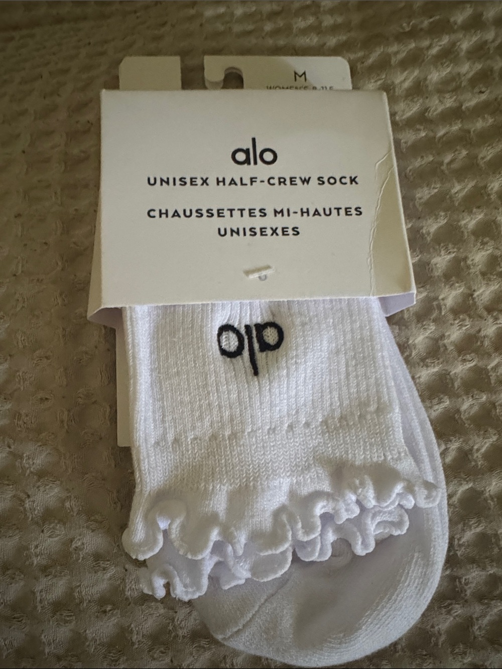 ALO Yoga White Half-Crew Socks with Black Logo